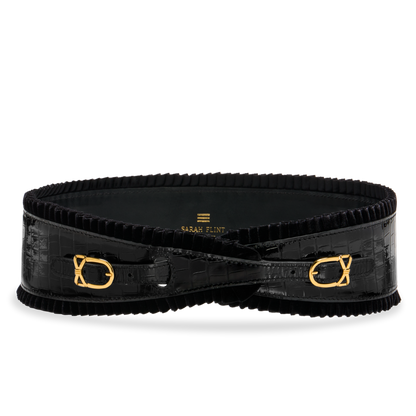 Whitman Ruffle Belt in Blac Croc Embossed Calf and Black Velvet