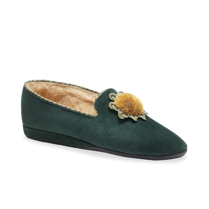 Fireside House Shoe in Evergreen Rosette Suede