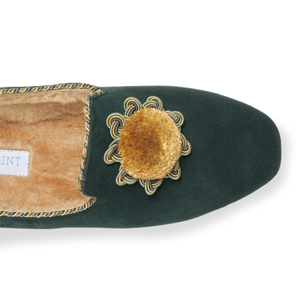 Fireside House Shoe in Evergreen Rosette Suede