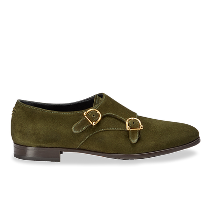 15mm Italian Made Almond Toe Double-monk strap Loafer Flat in Olive Crosta