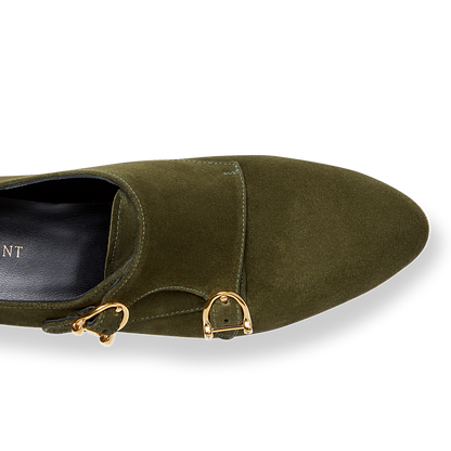 15mm Italian Made Almond Toe Double-monk strap Loafer Flat in Olive Crosta