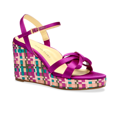 Perfect Mirjana Wedge 80 in Fuchsia & Turquoise Satin Weave