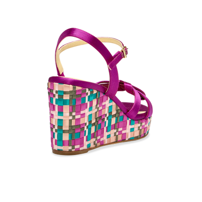 Perfect Mirjana Wedge 80 in Fuchsia & Turquoise Satin Weave