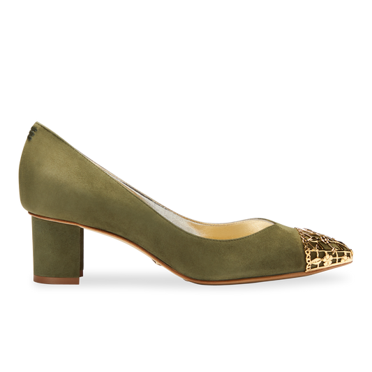 50mm Italian Made Pointed Toe Perfect Emma Pump in Olive Filigree Suede