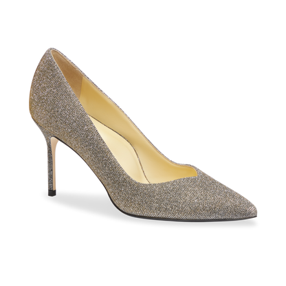 85mm Italian Made Pointed Toe Pump in Gunmetal Lame Fabric