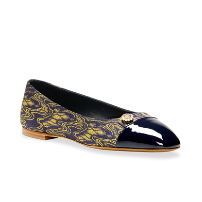 Sacchetto Ballet Flat in Navy & Gold Wave Jacquard