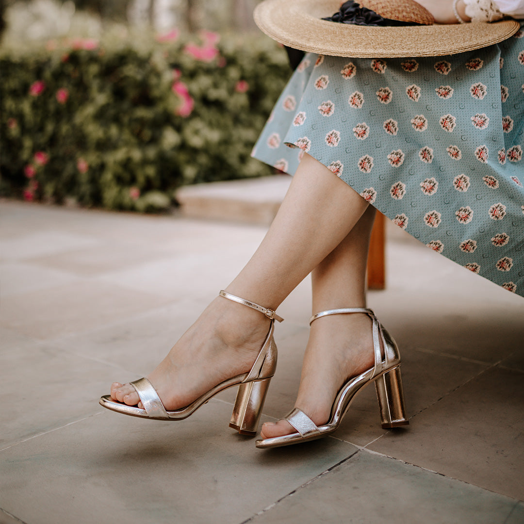 Gold stacked heel clearance sandals