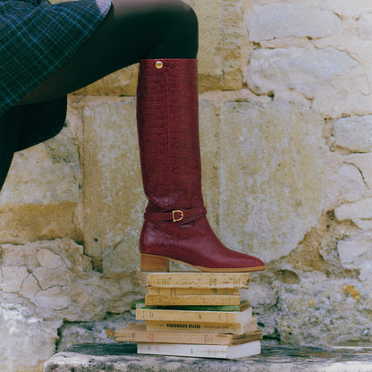 Perfect Riding Boot 30 in Garnet Croc Embossed Calf