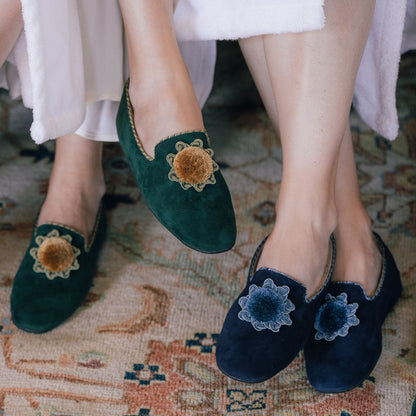 Fireside House Shoe in Evergreen Rosette Suede